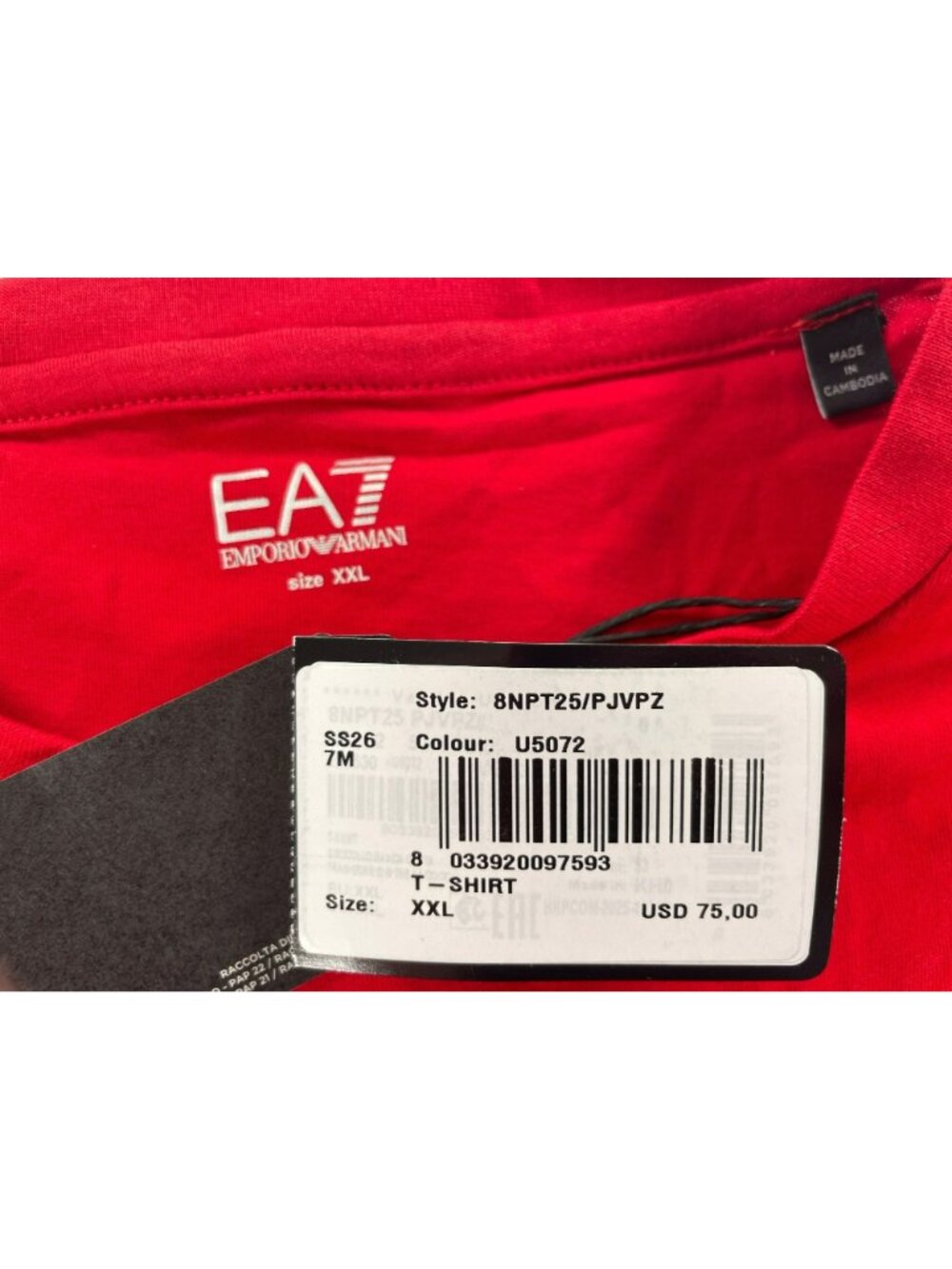 Emporio Armani EA7 Red Cotton T-Shirt Logo Design Men's Size 2XL MSRP$75 NEW - Picture 6 of 7